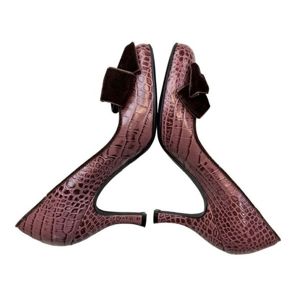 Franco Sarto Heels Vintage 90's Brown Croc Print Leather Pump 7.5 Velvet Bow - Picture 6 of 10